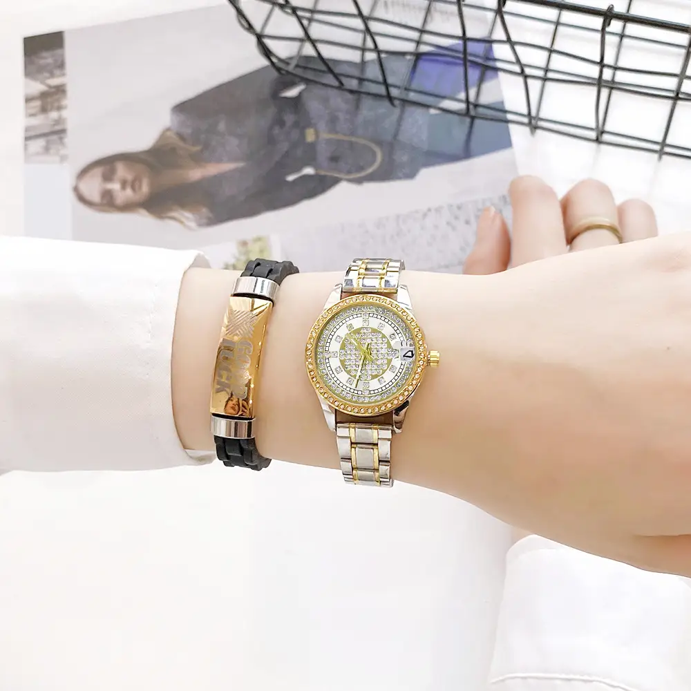 Women's Full of Diamonds Wristwatch Silver Gold Dial — feature 14