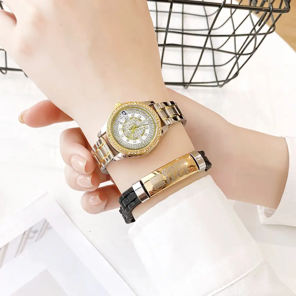 Women's Full of Diamonds Wristwatch Silver Gold Dial — feature 16