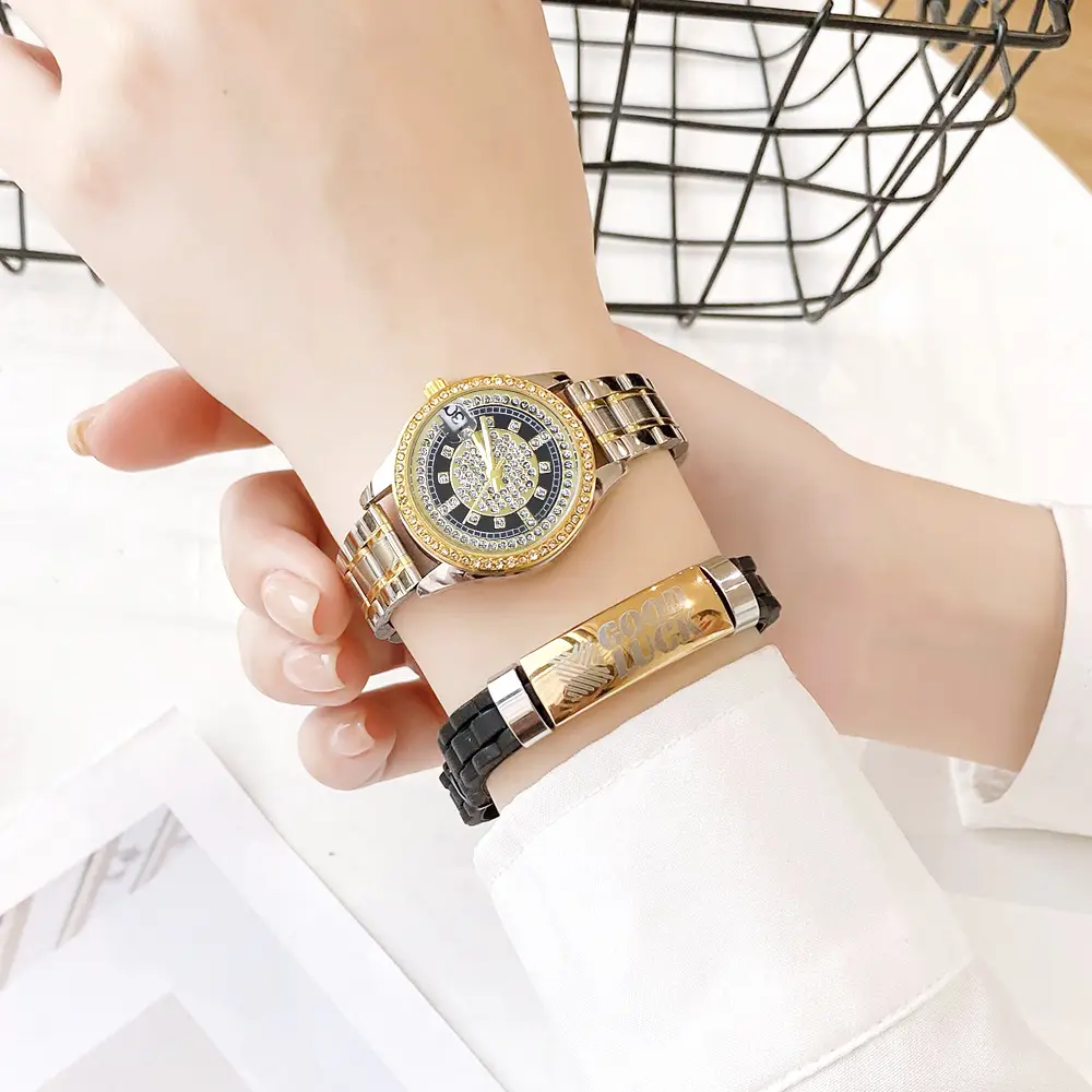 Women's Full of Diamonds Wristwatch Silver Gold Dial — feature 17