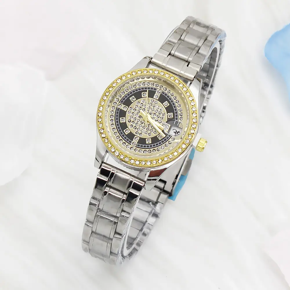 Women's Full of Diamonds Wristwatch Silver Gold Dial — feature 7