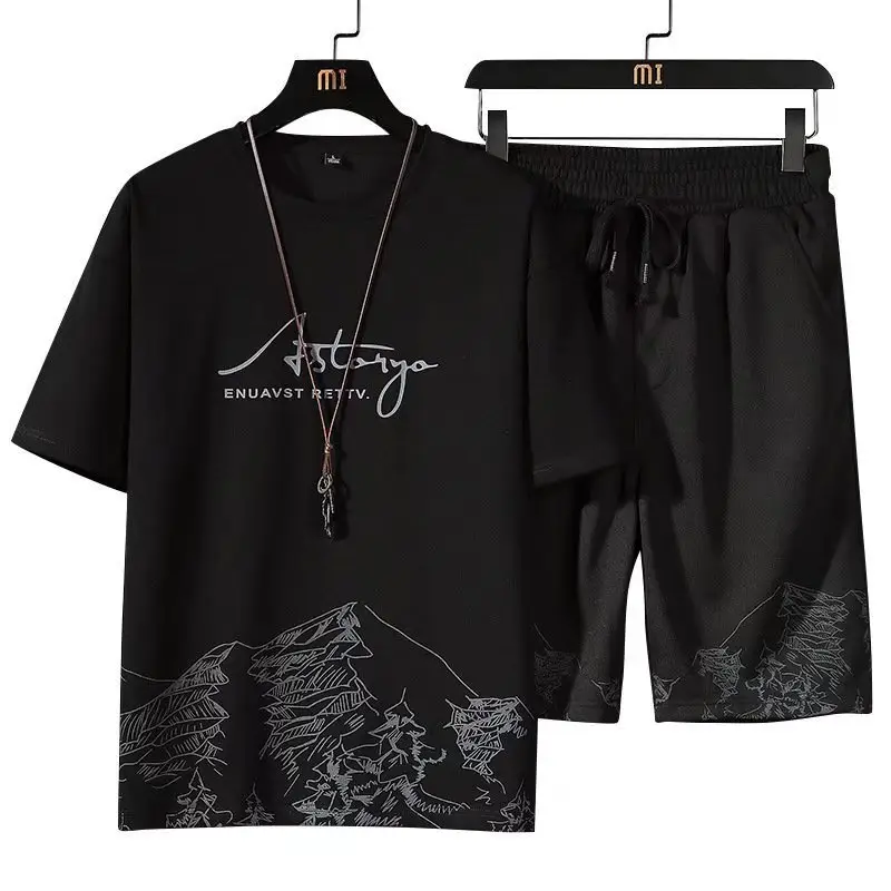 Short-sleeved T-shirt suit men's summer new snow mountain printing fashion trendy Korean style slim fit plus size sports two-piece set - Image 9