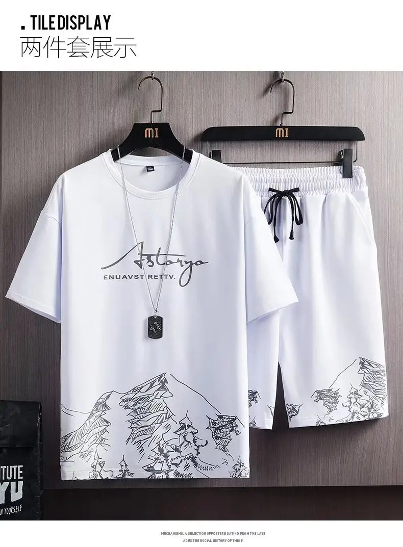 Short-sleeved T-shirt suit men's summer new snow mountain printing fashion trendy Korean style slim fit plus size sports two-piece set — feature 8