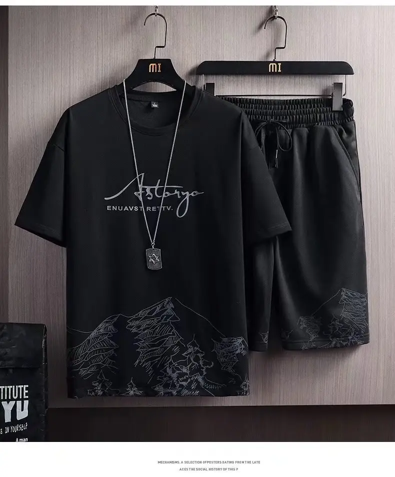 Short-sleeved T-shirt suit men's summer new snow mountain printing fashion trendy Korean style slim fit plus size sports two-piece set — feature 9