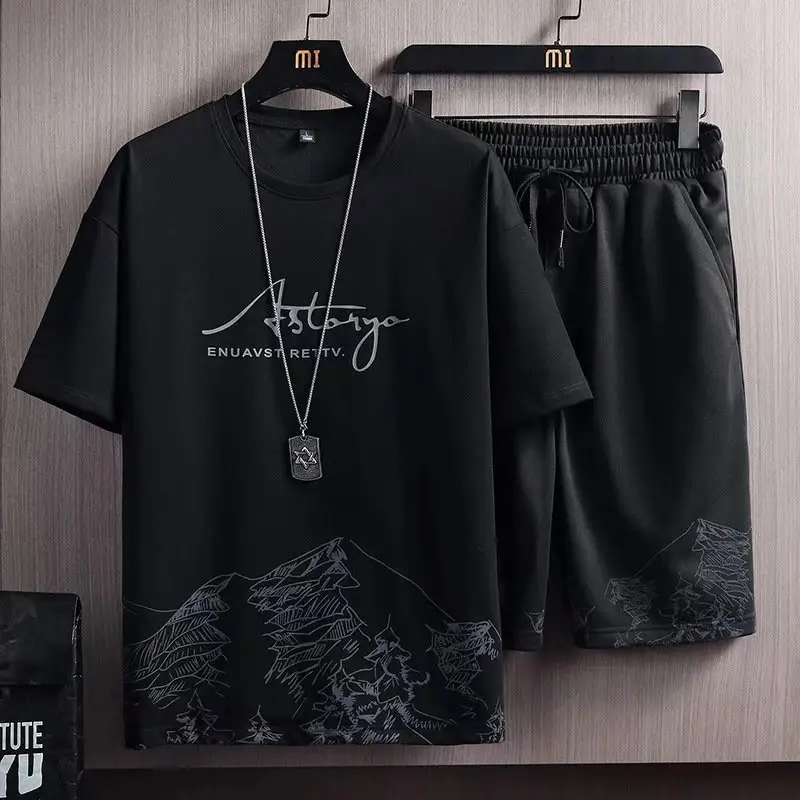 Short-sleeved T-shirt suit men's summer new snow mountain printing fashion trendy Korean style slim fit plus size sports two-piece set - Image 2