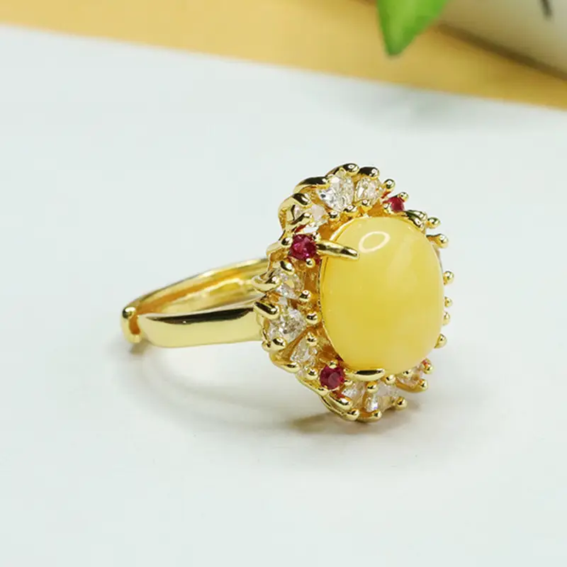 Amyrth Amber Ring with Red Stones Gold Plated