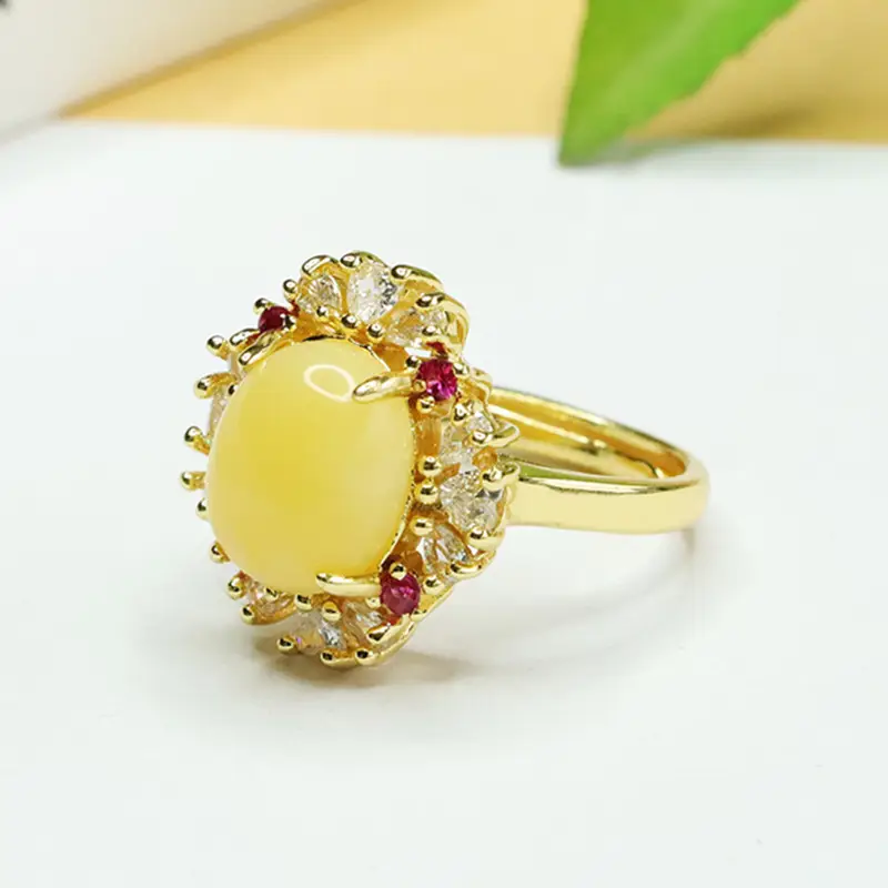 Amyrth Amber Ring with Red Stones Gold Plated