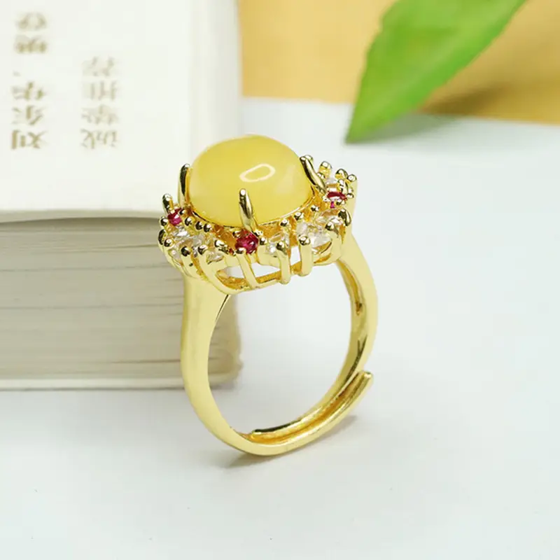 Amyrth Amber Ring with Red Stones Gold Plated