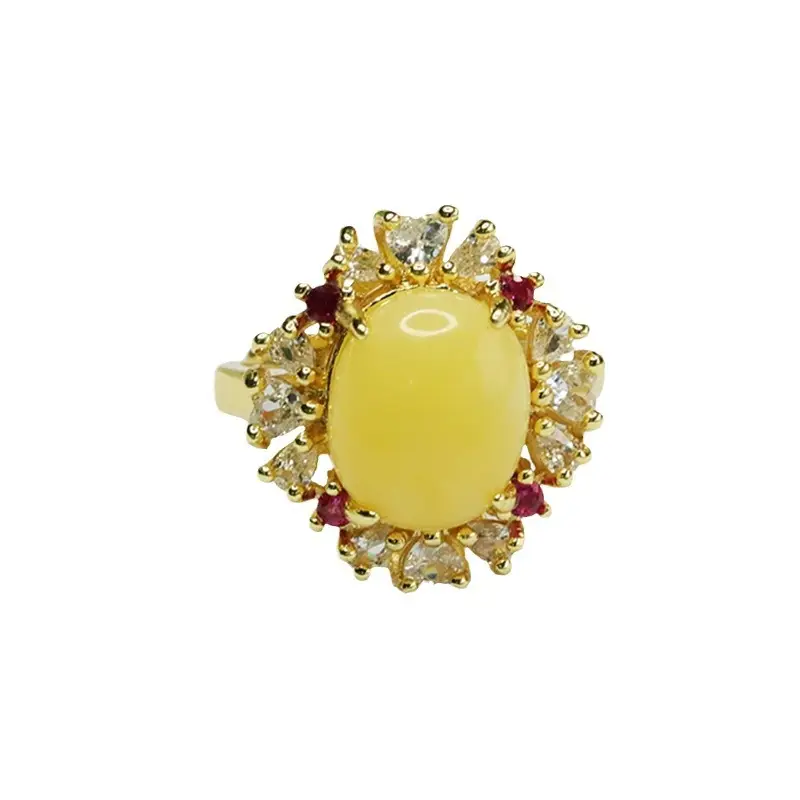 Amyrth Amber Ring with Red Stones Gold Plated