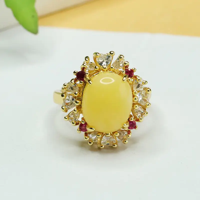 Amyrth Amber Ring with Red Stones Gold Plated — feature 1
