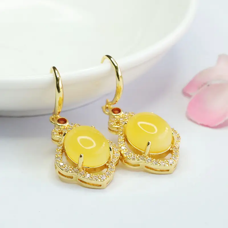 Guan Yu Yellow Amber Drop Earrings Gold Plated - Image 3