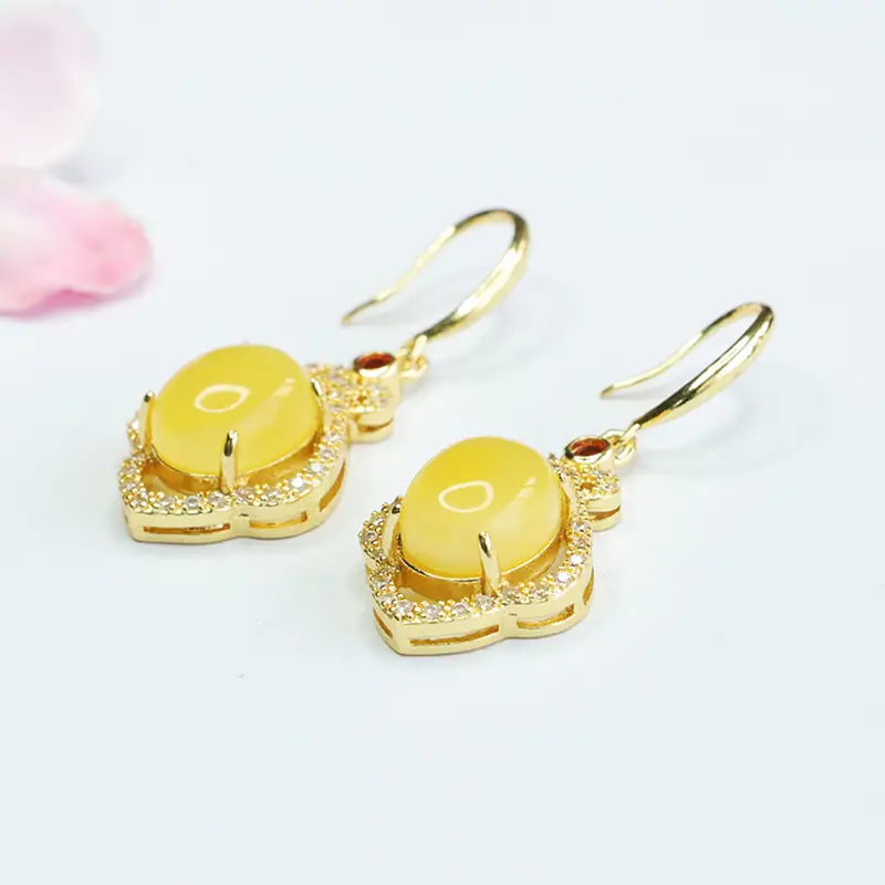 Guan Yu Yellow Amber Drop Earrings Gold Plated - Image 4