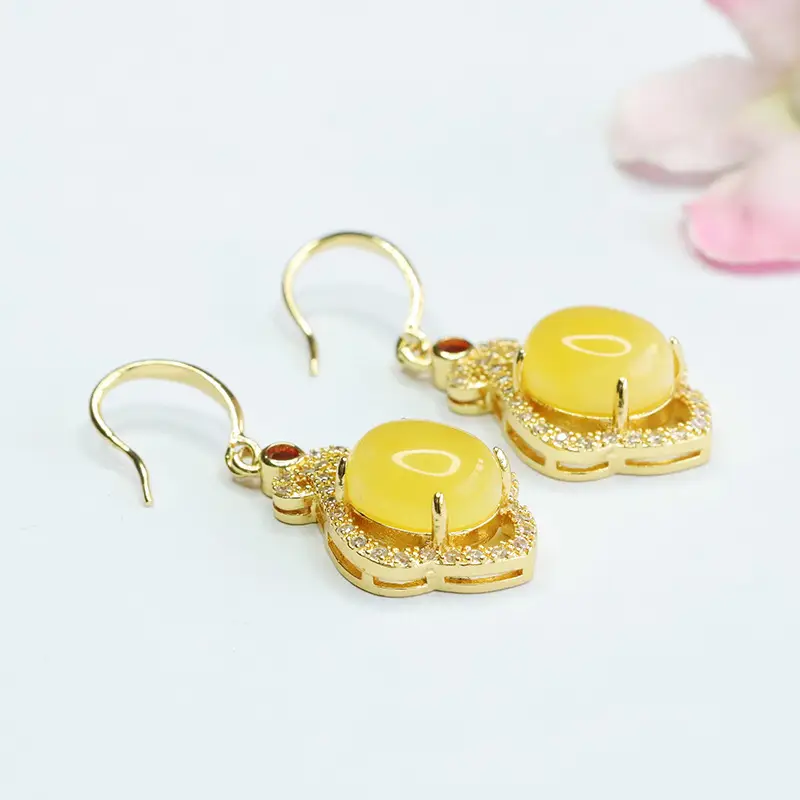Guan Yu Yellow Amber Drop Earrings Gold Plated - Image 5