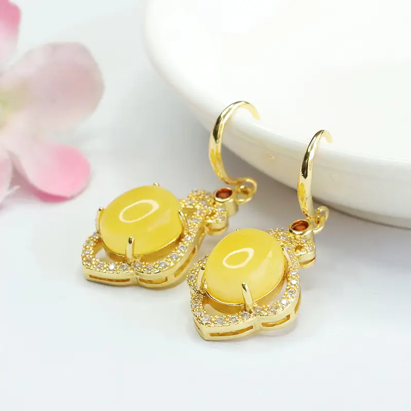 Guan Yu Yellow Amber Drop Earrings Gold Plated — feature 5