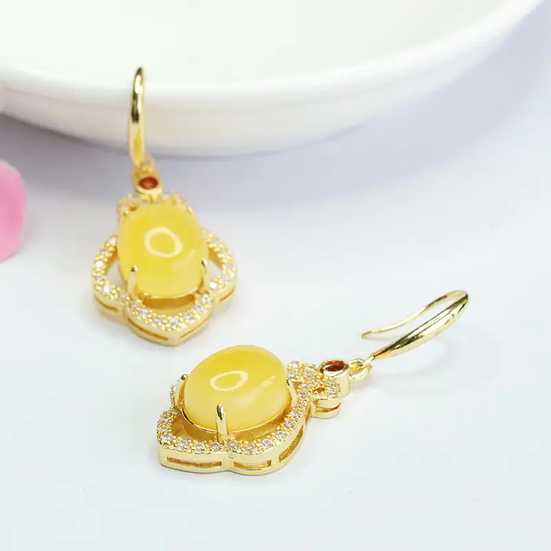 Guan Yu Yellow Amber Drop Earrings Gold Plated — feature 7