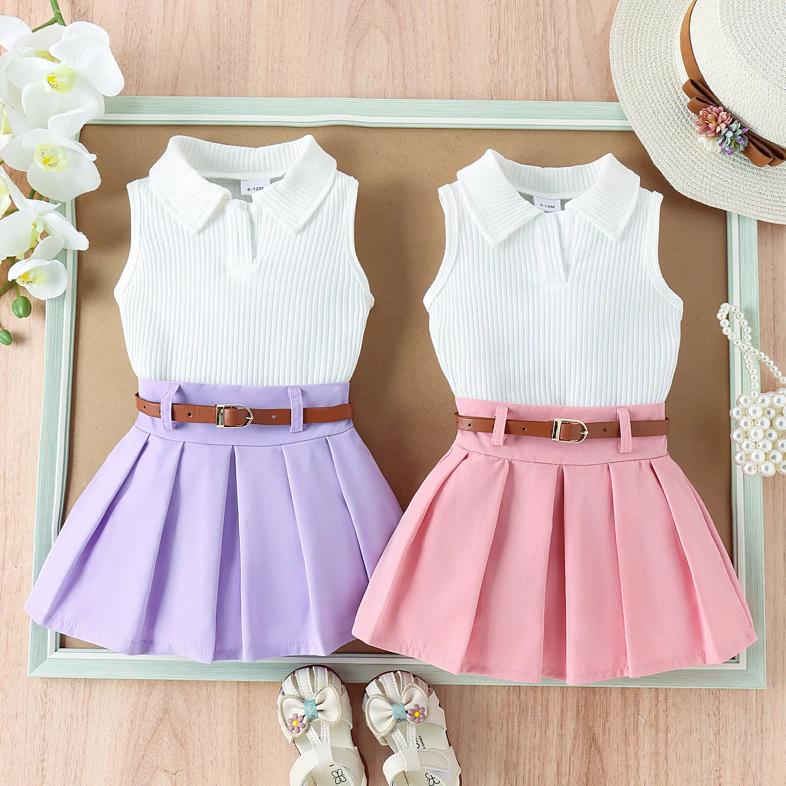 Girls Summer Vest Top & Pleated Skirt Set Yellow Pink