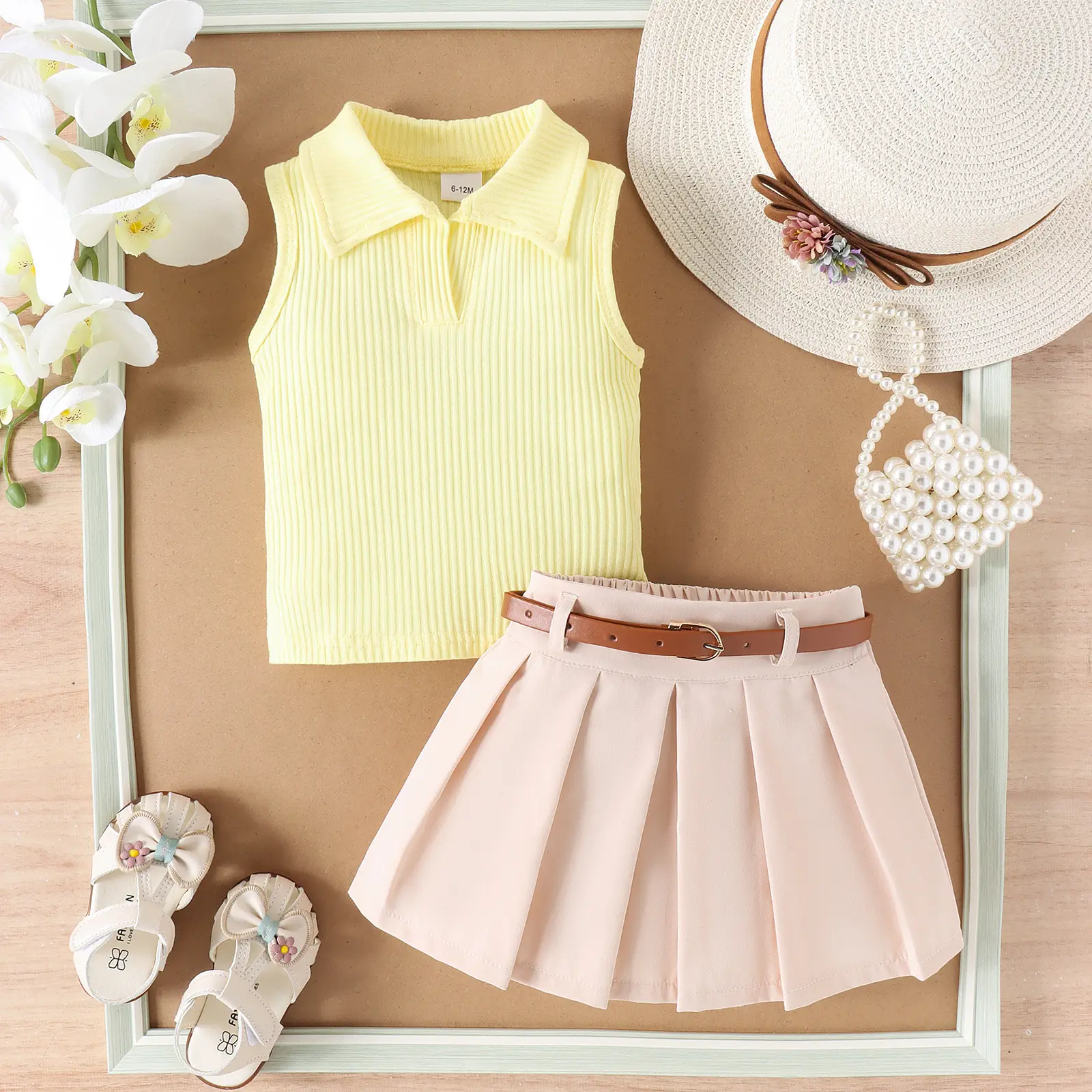 Girls Summer Vest Top & Pleated Skirt Set Yellow Pink
