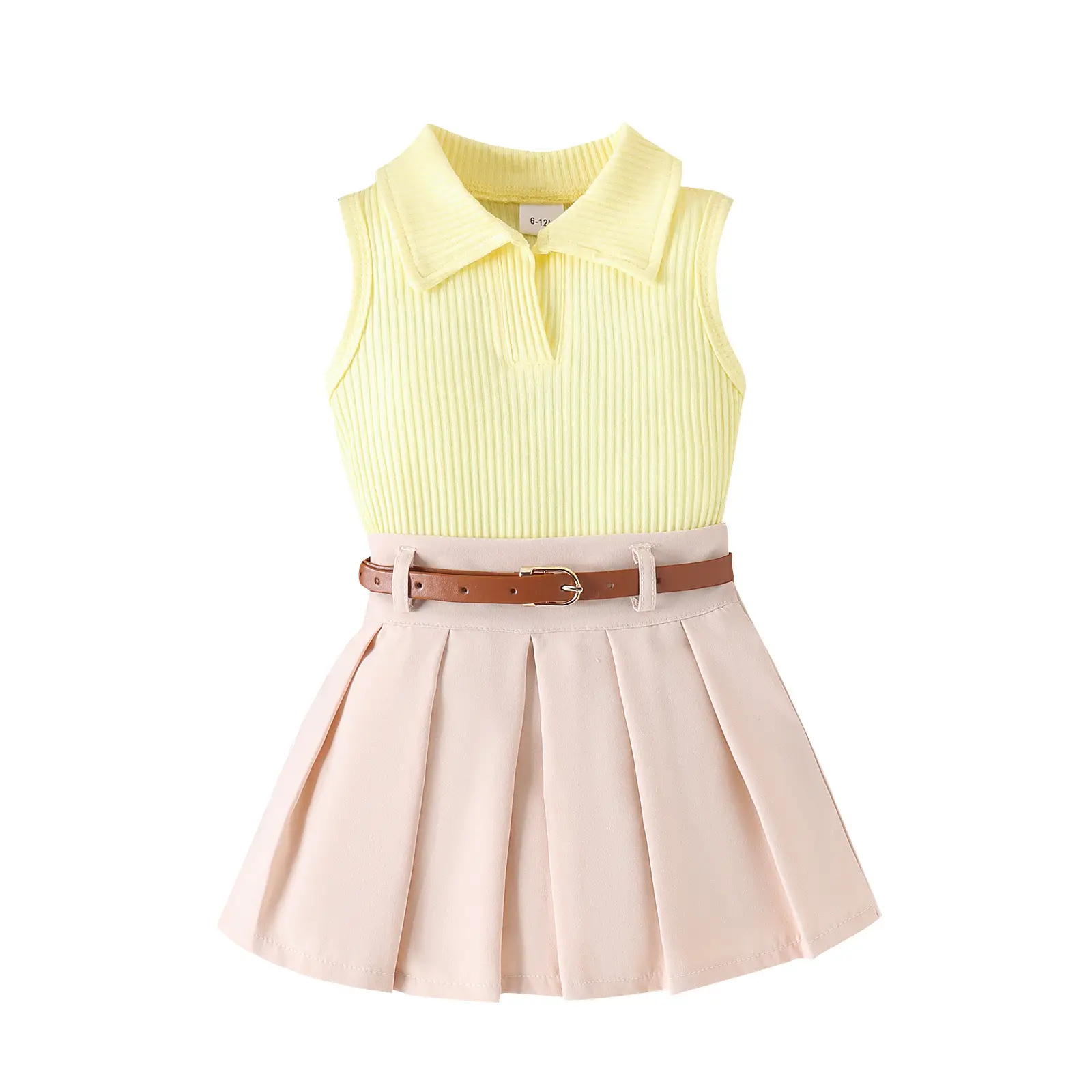 Girls Summer Vest Top & Pleated Skirt Set Yellow Pink — feature 11