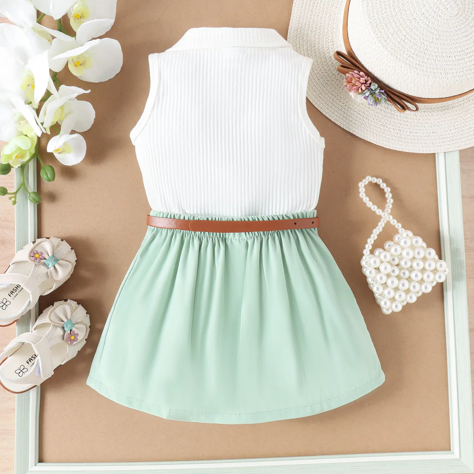 Girls Summer Vest Top & Pleated Skirt Set Yellow Pink — feature 13