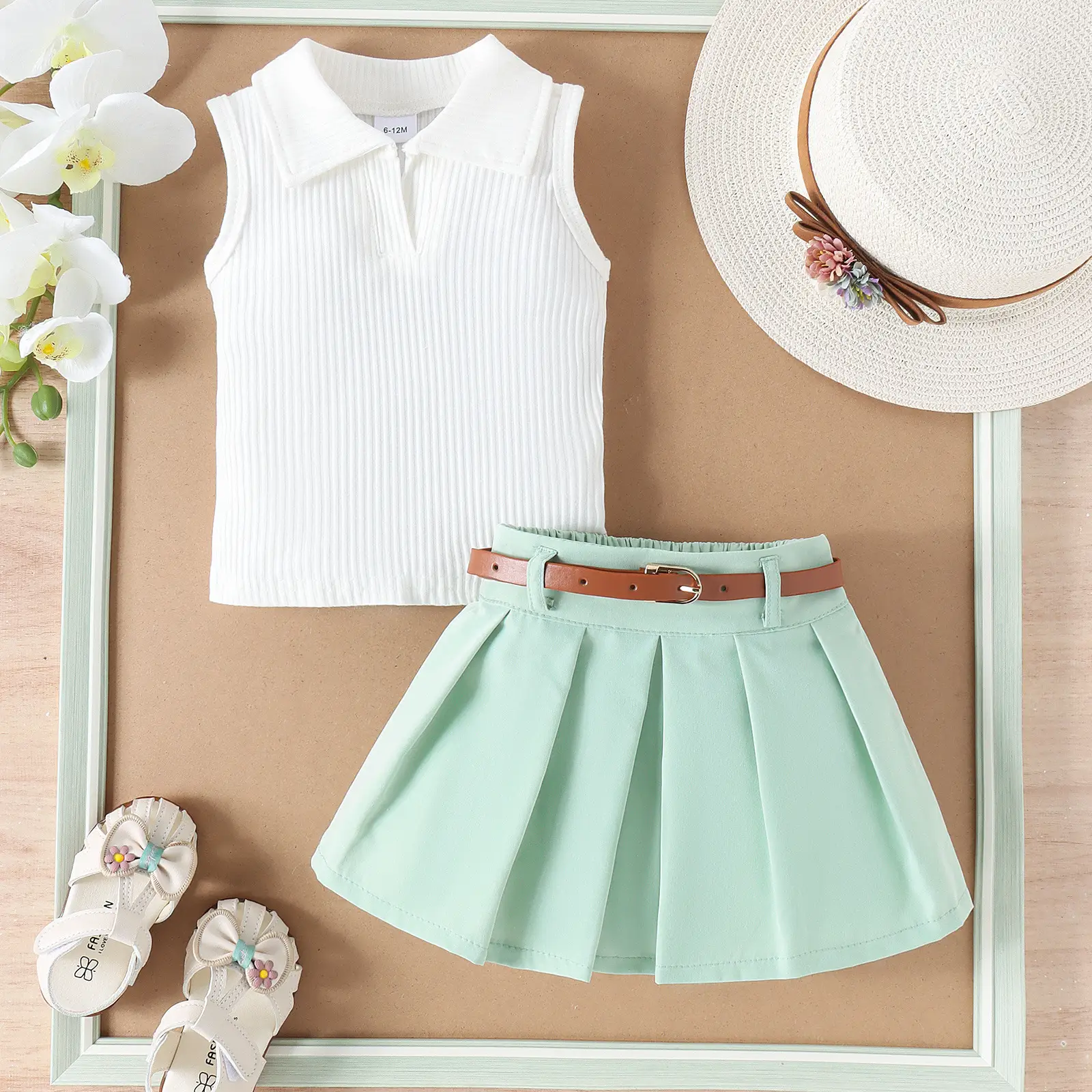 Girls Summer Vest Top & Pleated Skirt Set Yellow Pink — feature 18
