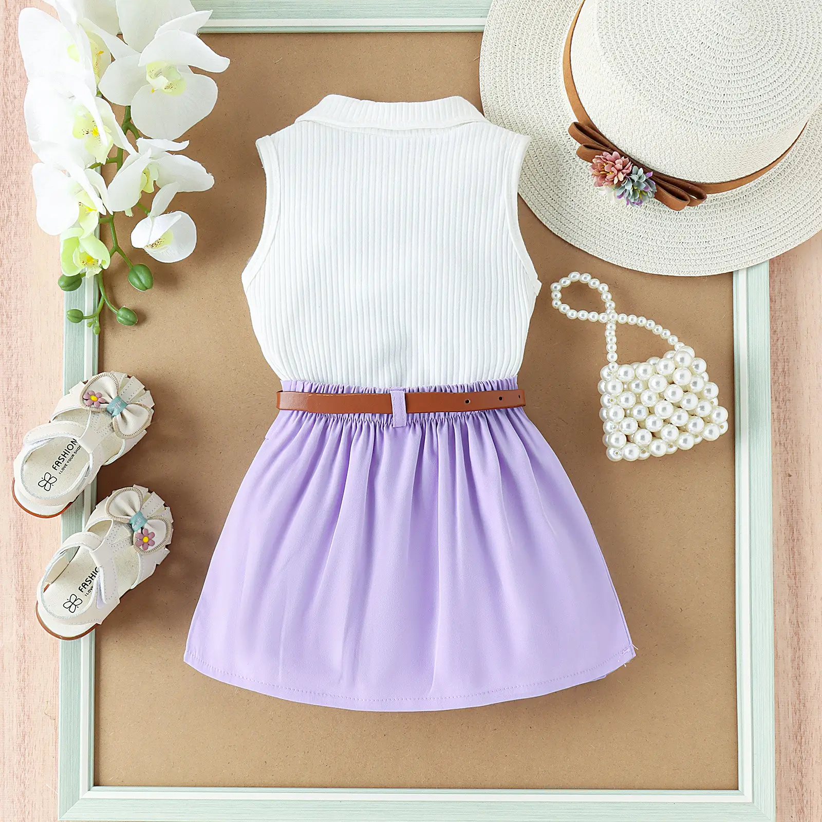 Girls Summer Vest Top & Pleated Skirt Set Yellow Pink — feature 21