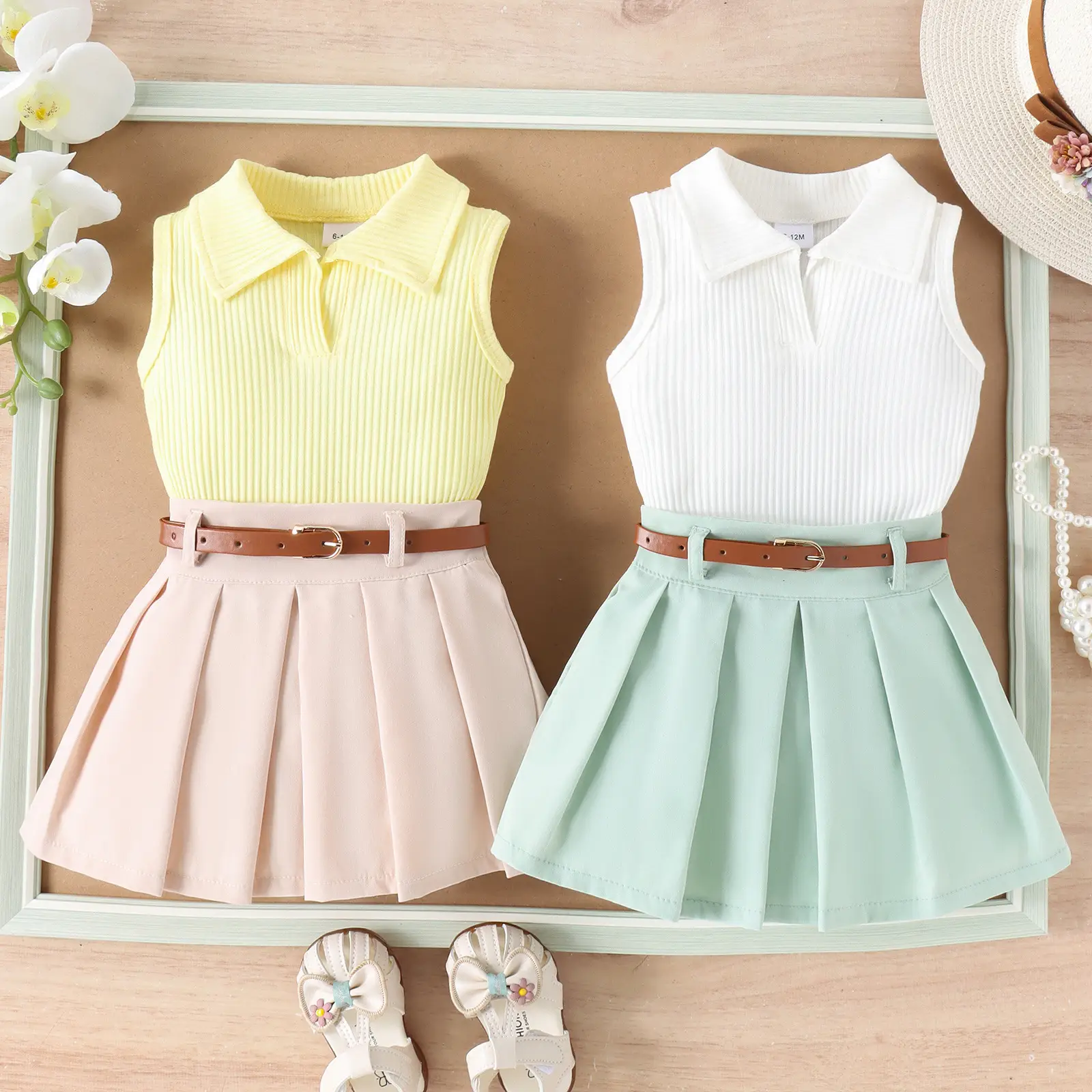 Girls Summer Vest Top & Pleated Skirt Set Yellow Pink — feature 3