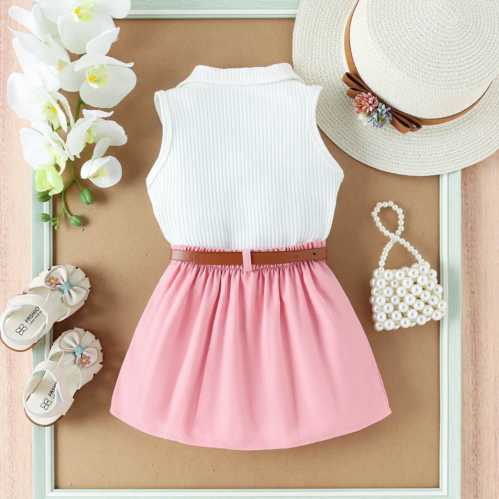 Girls Summer Vest Top & Pleated Skirt Set Yellow Pink — feature 30
