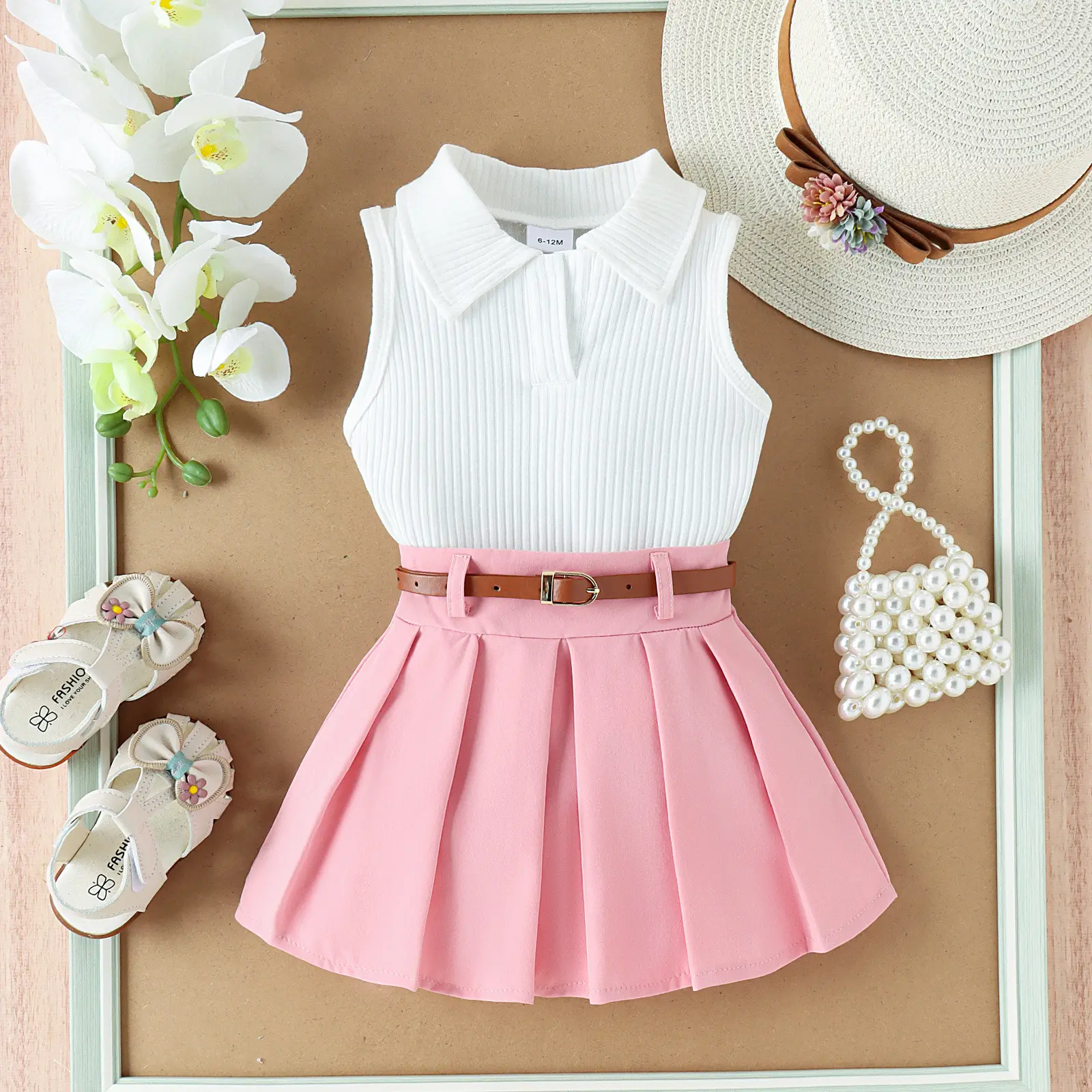 Girls Summer Vest Top & Pleated Skirt Set Yellow Pink — feature 36