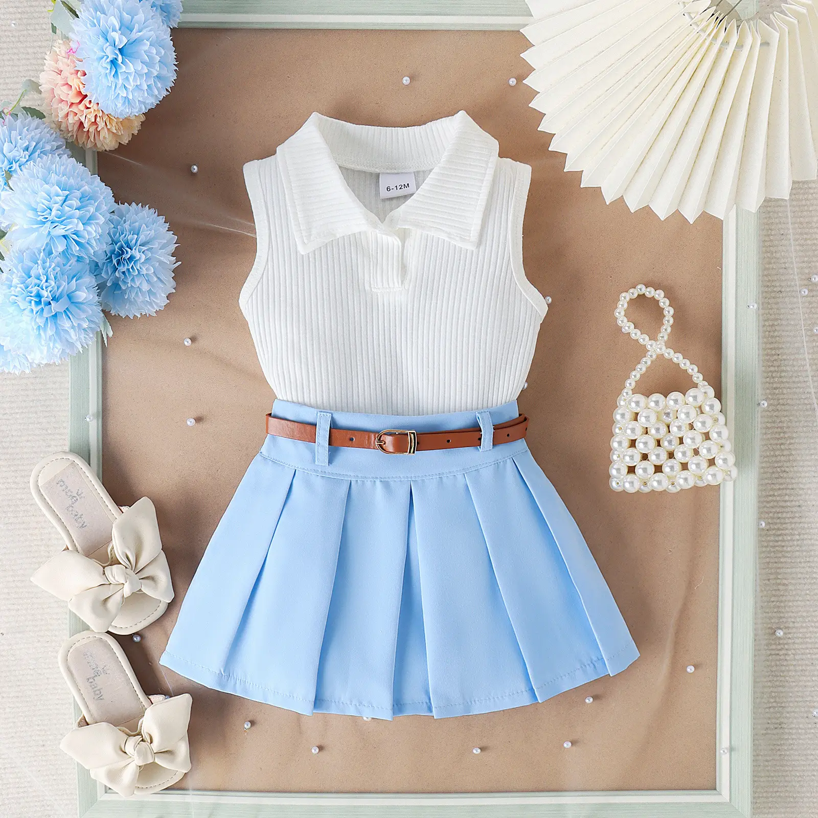 Girls Summer Vest Top & Pleated Skirt Set Yellow Pink — feature 38