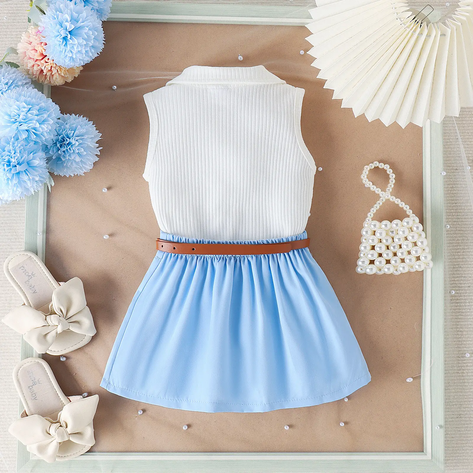 Girls Summer Vest Top & Pleated Skirt Set Yellow Pink — feature 39