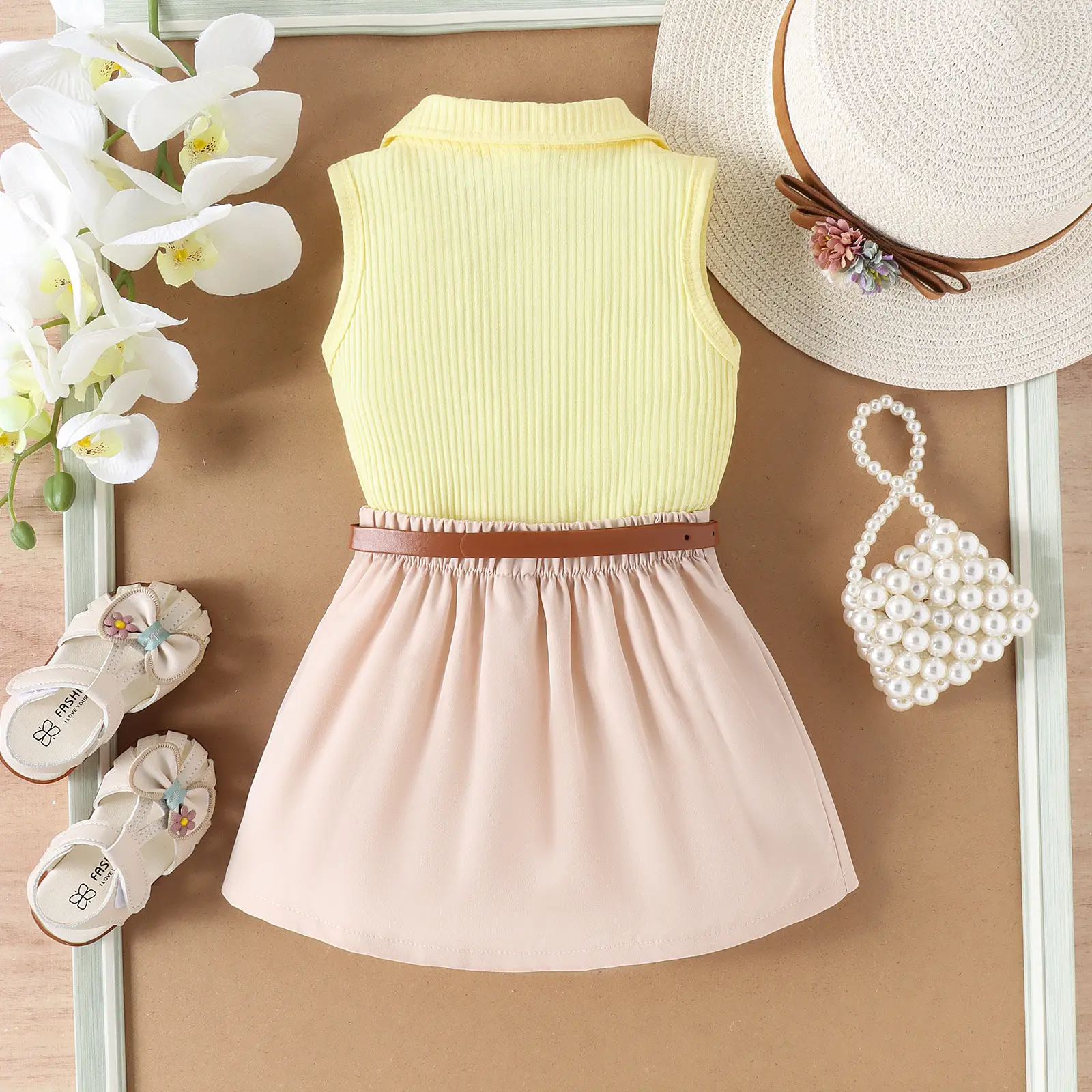 Girls Summer Vest Top & Pleated Skirt Set Yellow Pink — feature 5