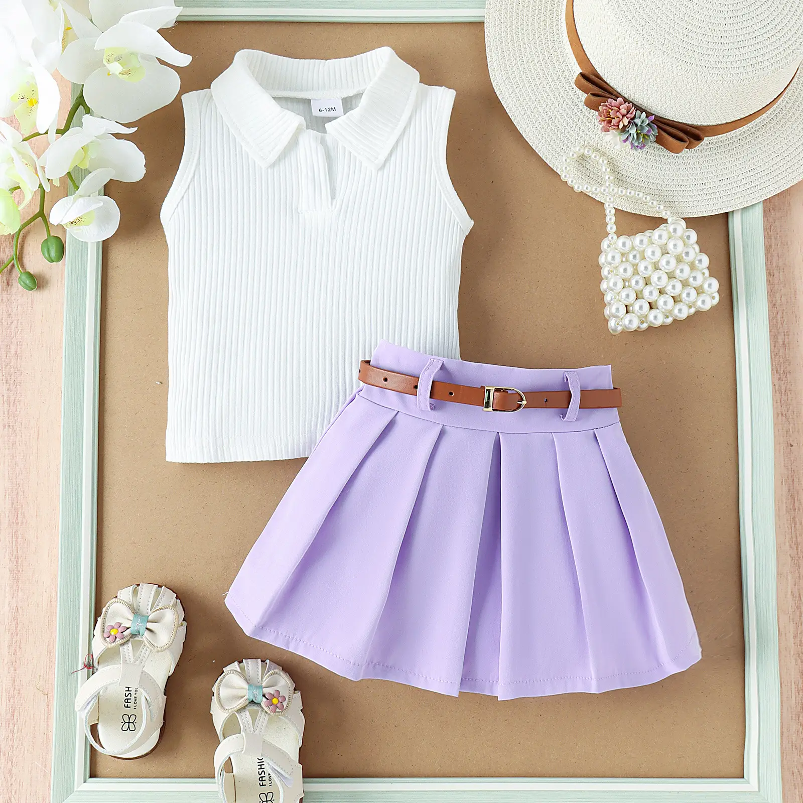 Girls Summer Vest Top & Pleated Skirt Set Yellow Pink