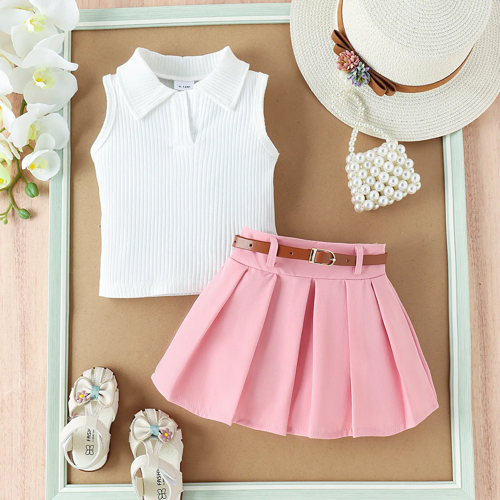 Girls Summer Vest Top & Pleated Skirt Set Yellow Pink