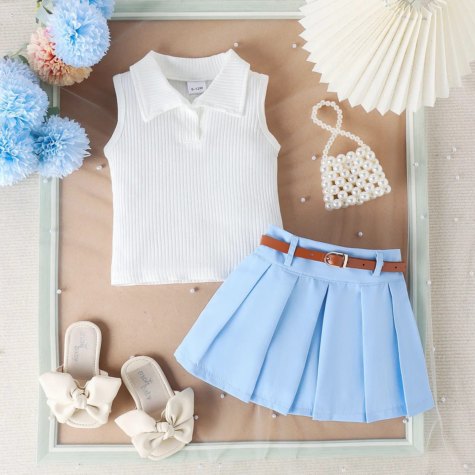 Girls Summer Vest Top & Pleated Skirt Set Yellow Pink