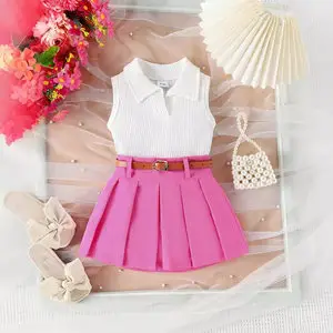 Girls Summer Vest Top & Pleated Skirt Set Yellow Pink