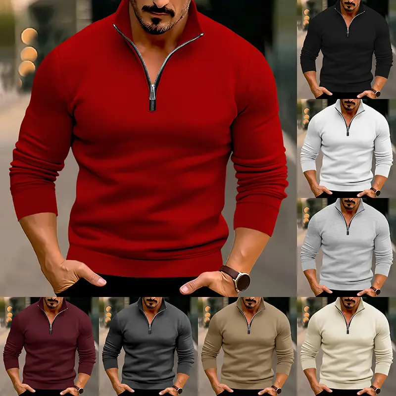 Men's Red Long Sleeve Half Zip T-Shirt Top - Image 10