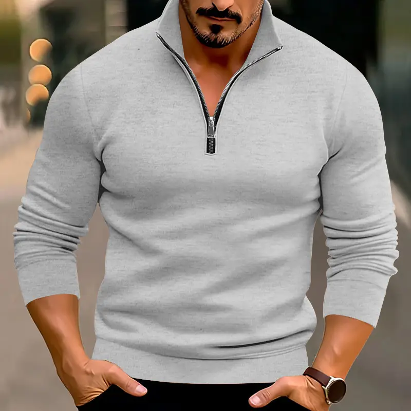 Men's Red Long Sleeve Half Zip T-Shirt Top - Image 12