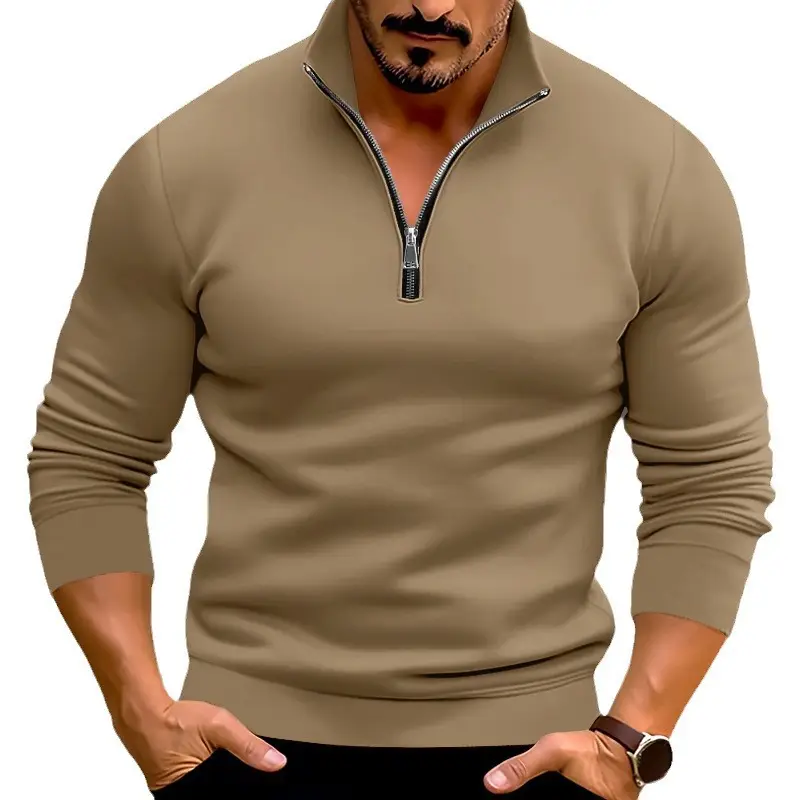 Men's Red Long Sleeve Half Zip T-Shirt Top - Image 13