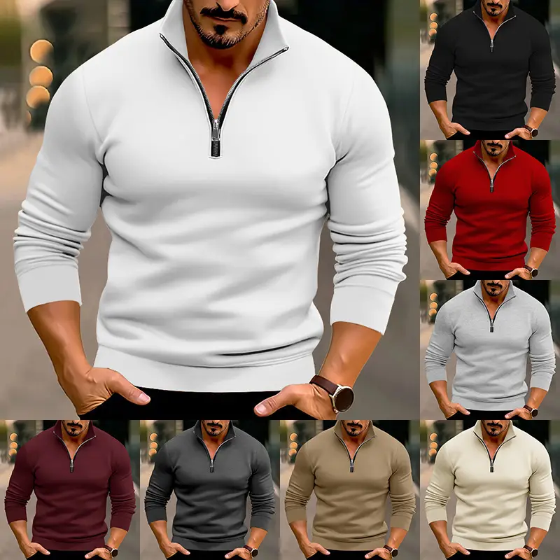 Men's Red Long Sleeve Half Zip T-Shirt Top — feature 1