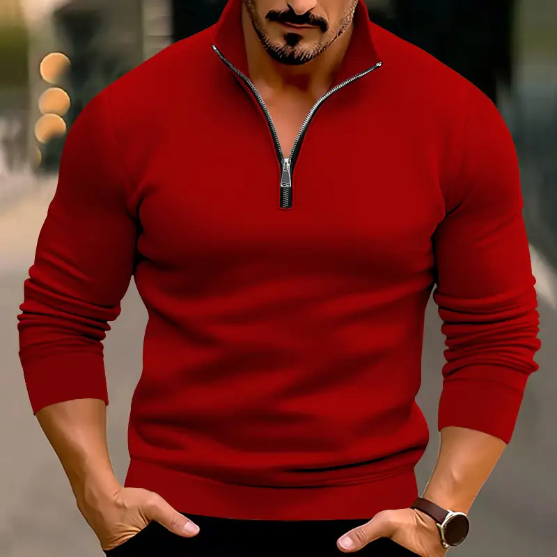 Men's Red Long Sleeve Half Zip T-Shirt Top — feature 8