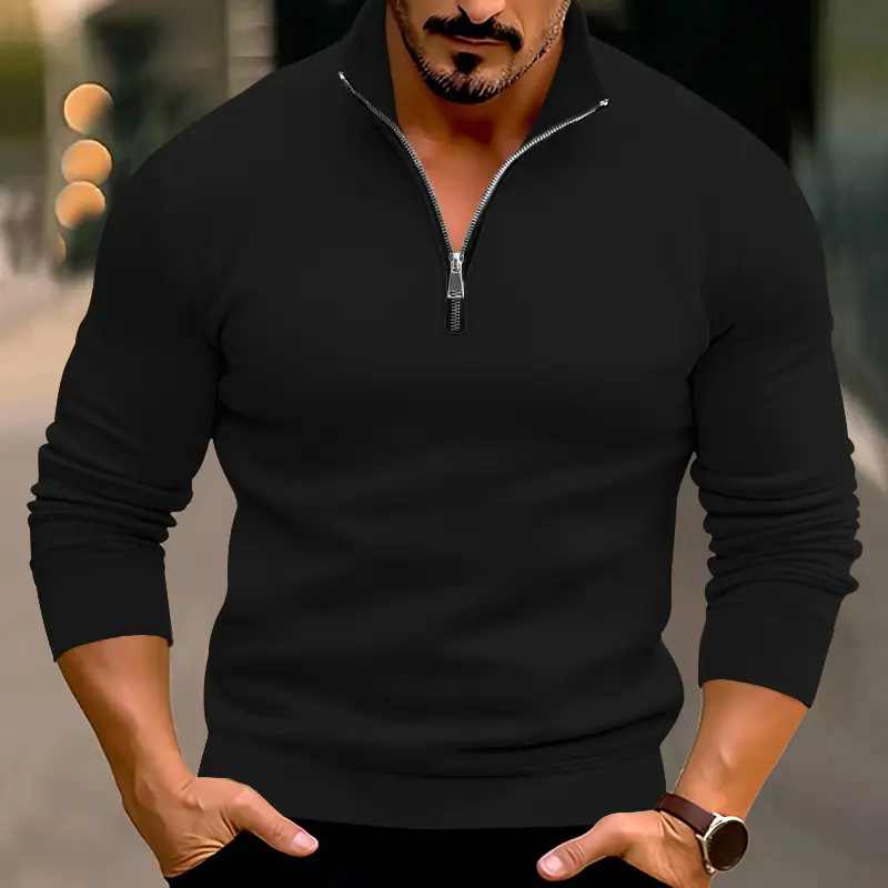Men's Red Long Sleeve Half Zip T-Shirt Top - Image 3