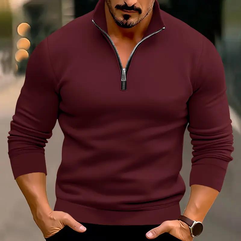 Men's Red Long Sleeve Half Zip T-Shirt Top - Image 4