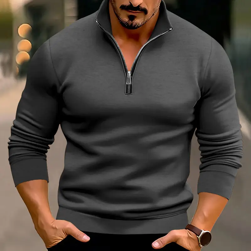 Men's Red Long Sleeve Half Zip T-Shirt Top - Image 6