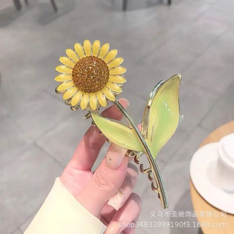 Sunflower Hairpin for Women Green Leaf Clip