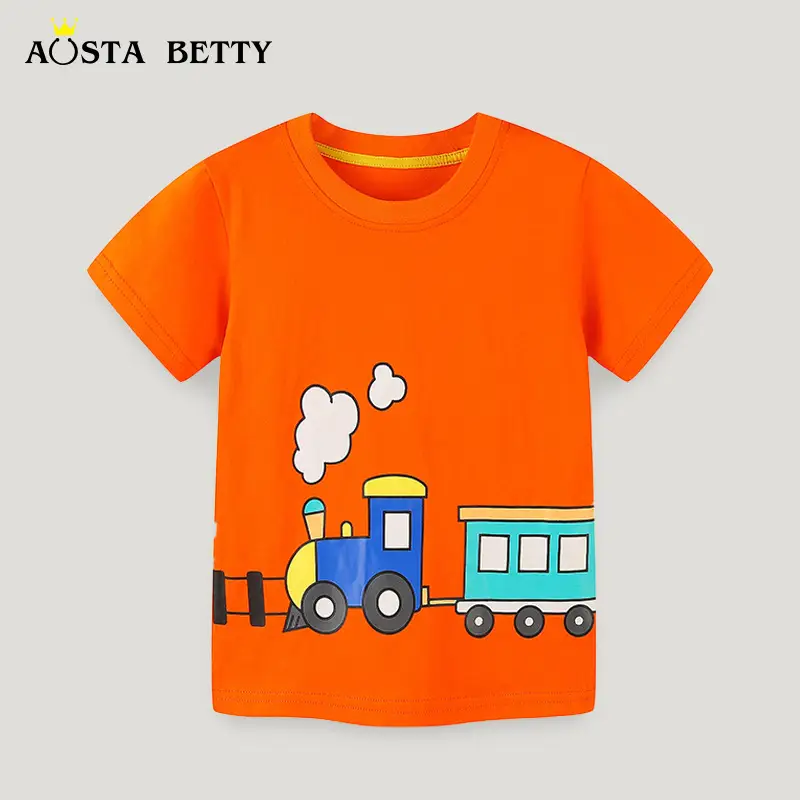 Kids Cartoon Train T-Shirt Orange Round Neck Short Sleeve - Image 2