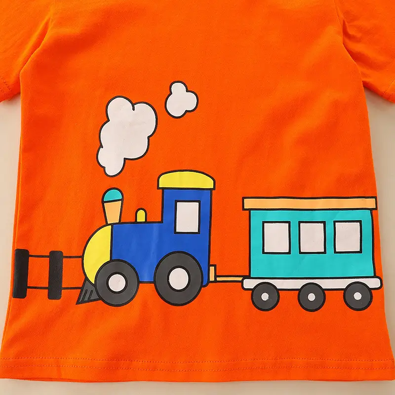 Kids Cartoon Train T-Shirt Orange Round Neck Short Sleeve - Image 5