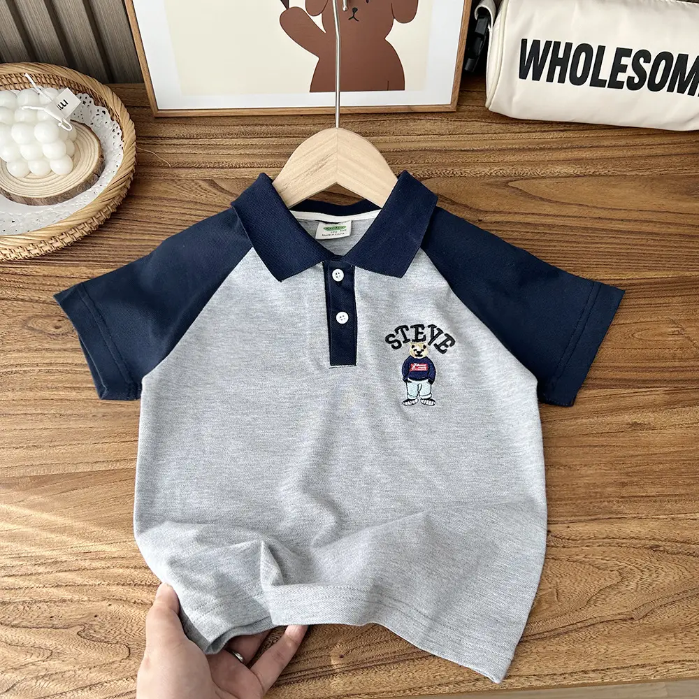2025 Kids Cotton Polo Shirt Navy Blue with "Crazy" Print - Image 2