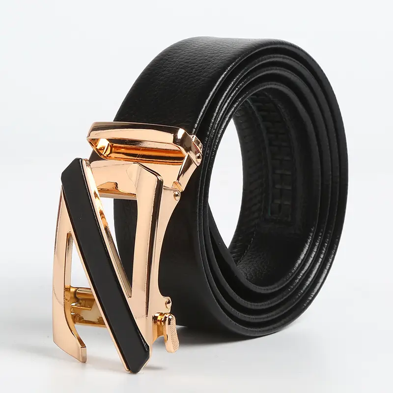 Men's Black Leather Belt with Gold Buckle - Image 2