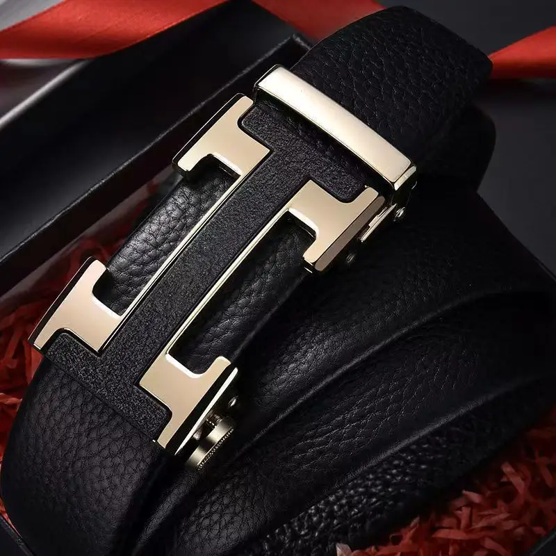 Men's Black Leather Belt with Gold Buckle - Image 36