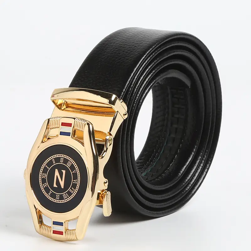 Men's Black Leather Belt with Gold Buckle - Image 7