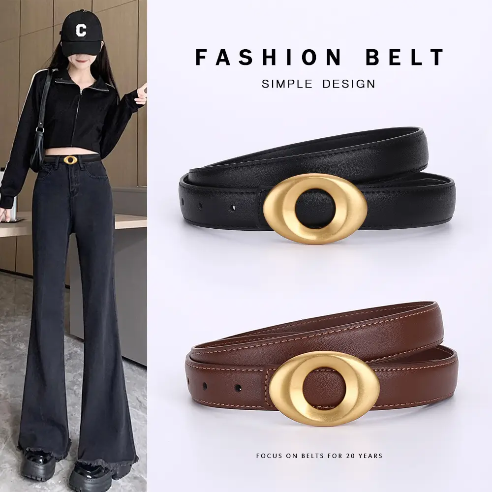 Black Leather Belt with Gold Plated End for Women - Image 7